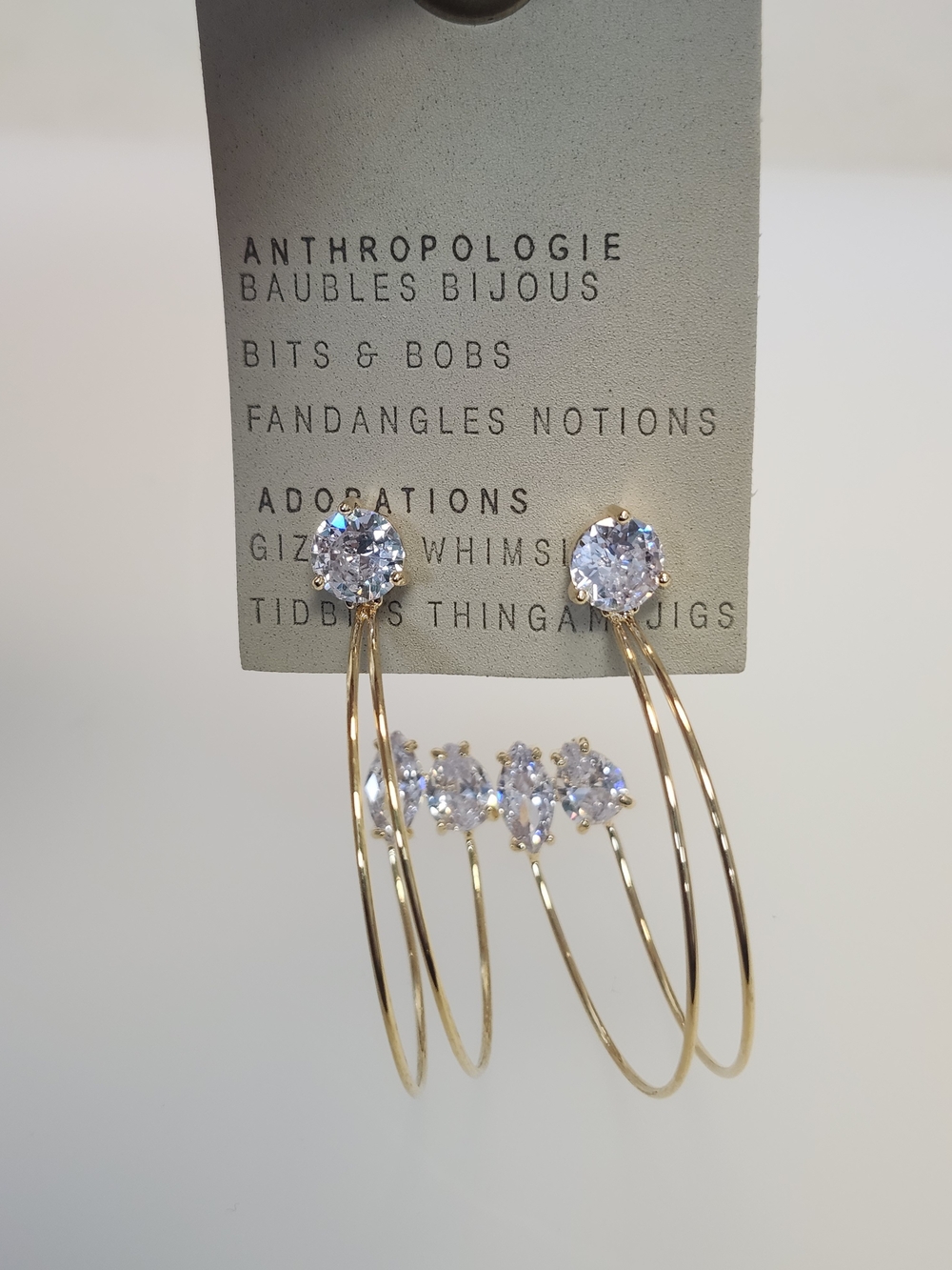 NWT Anthropologie Gold-Tone Trinity Crystal Hoop Earrings
